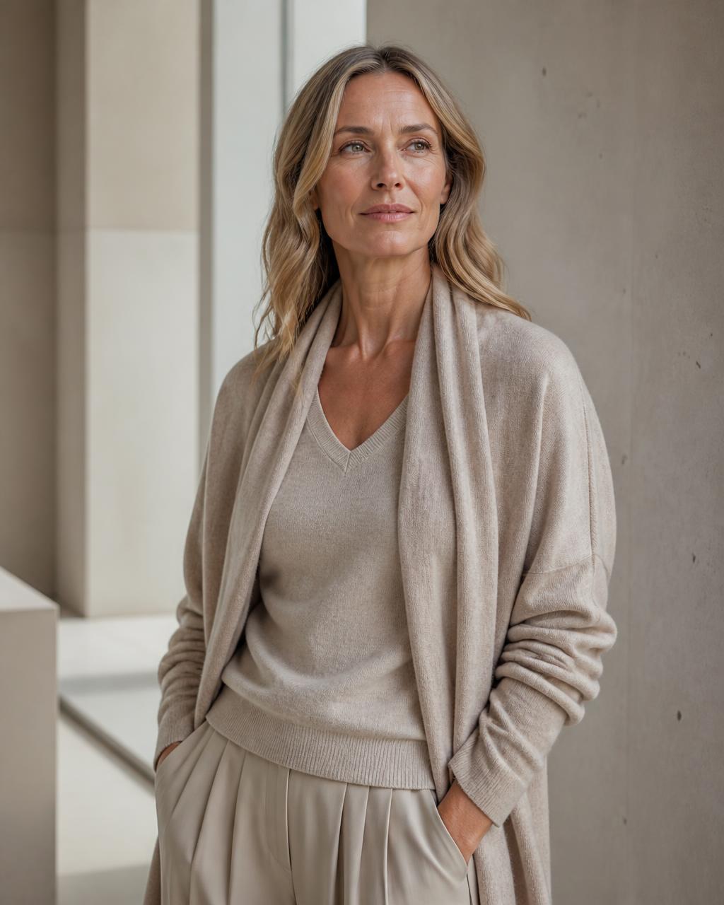 A woman in her forties standing in soft natural light inside a minimal modern interior