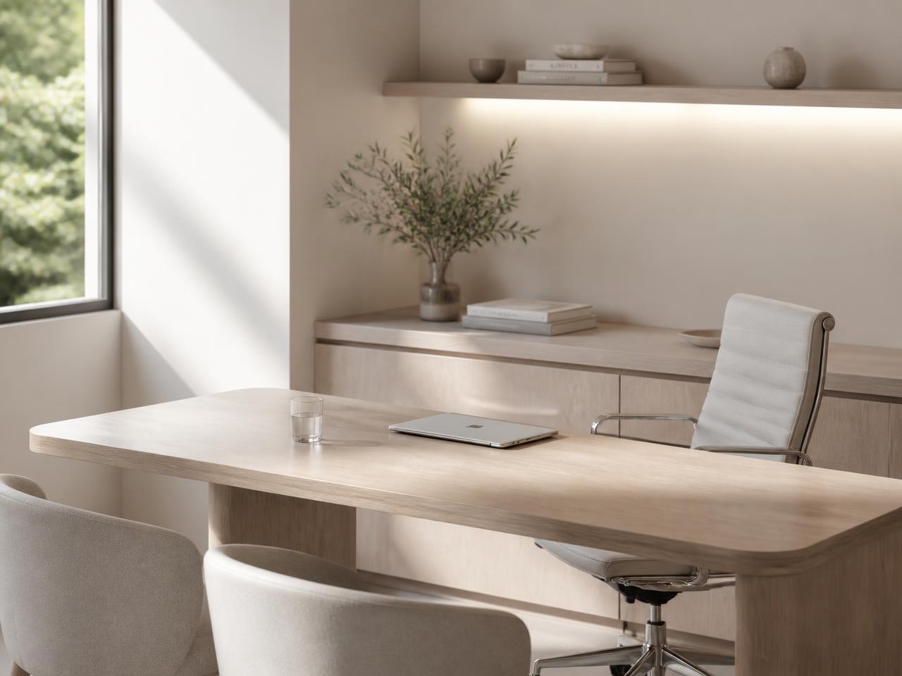 A quiet, minimal consultation room with natural light, an oak table and a closed laptop
